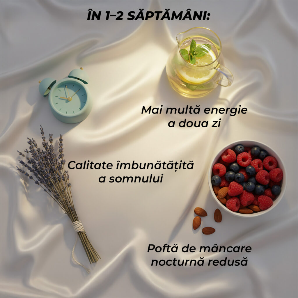 În 1–2 săptămâni: •⁠ ⁠calitate îmbunătățită a somnului •⁠ ⁠poftă de mâncare nocturnă redusă •⁠ ⁠mai multă energie a doua zi