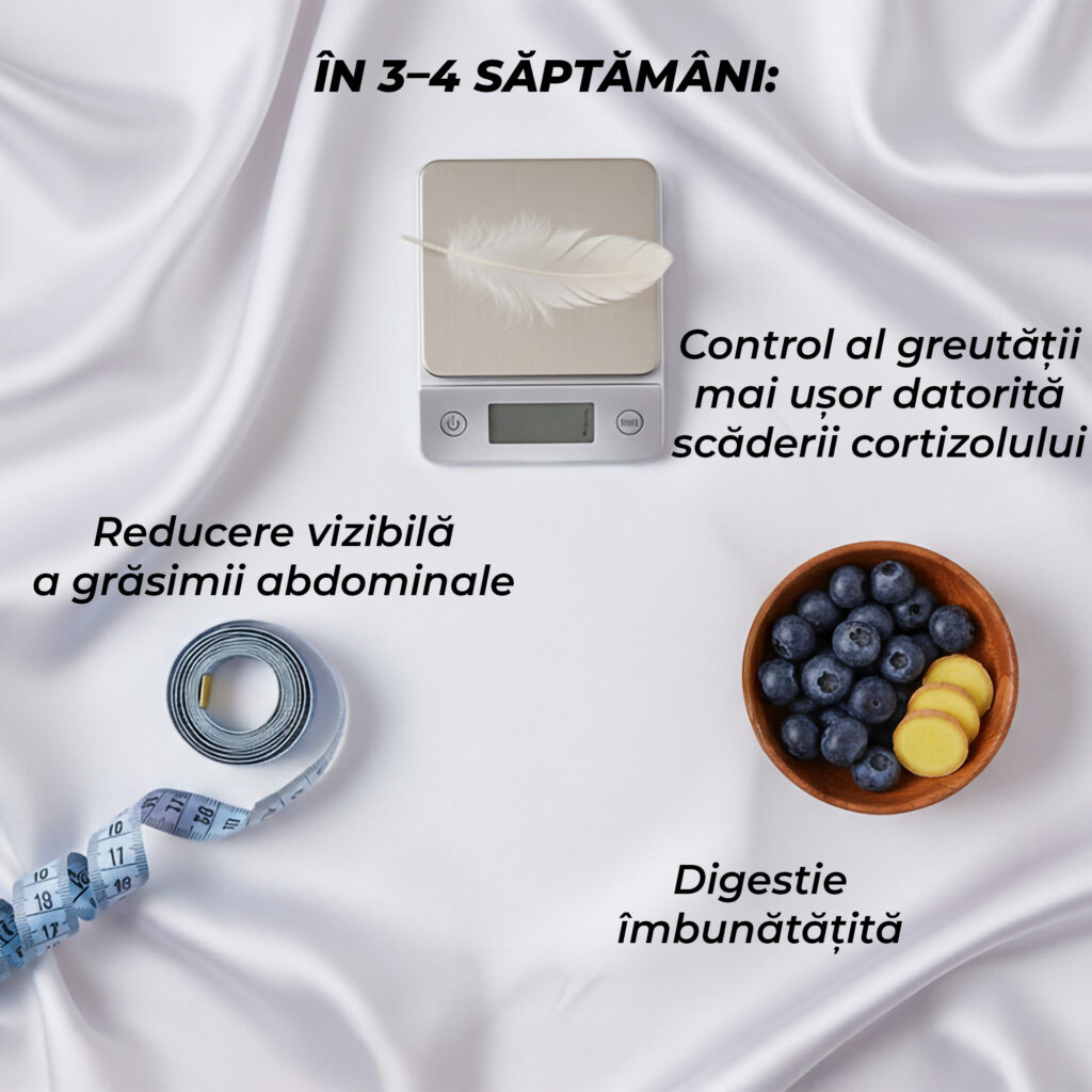 În 3–4 săptămâni: •⁠ ⁠reducere vizibilă a grăsimii abdominale •⁠ ⁠digestie îmbunătățită •⁠ ⁠control al greutății mai ușor datorită scăderii cortizolului
