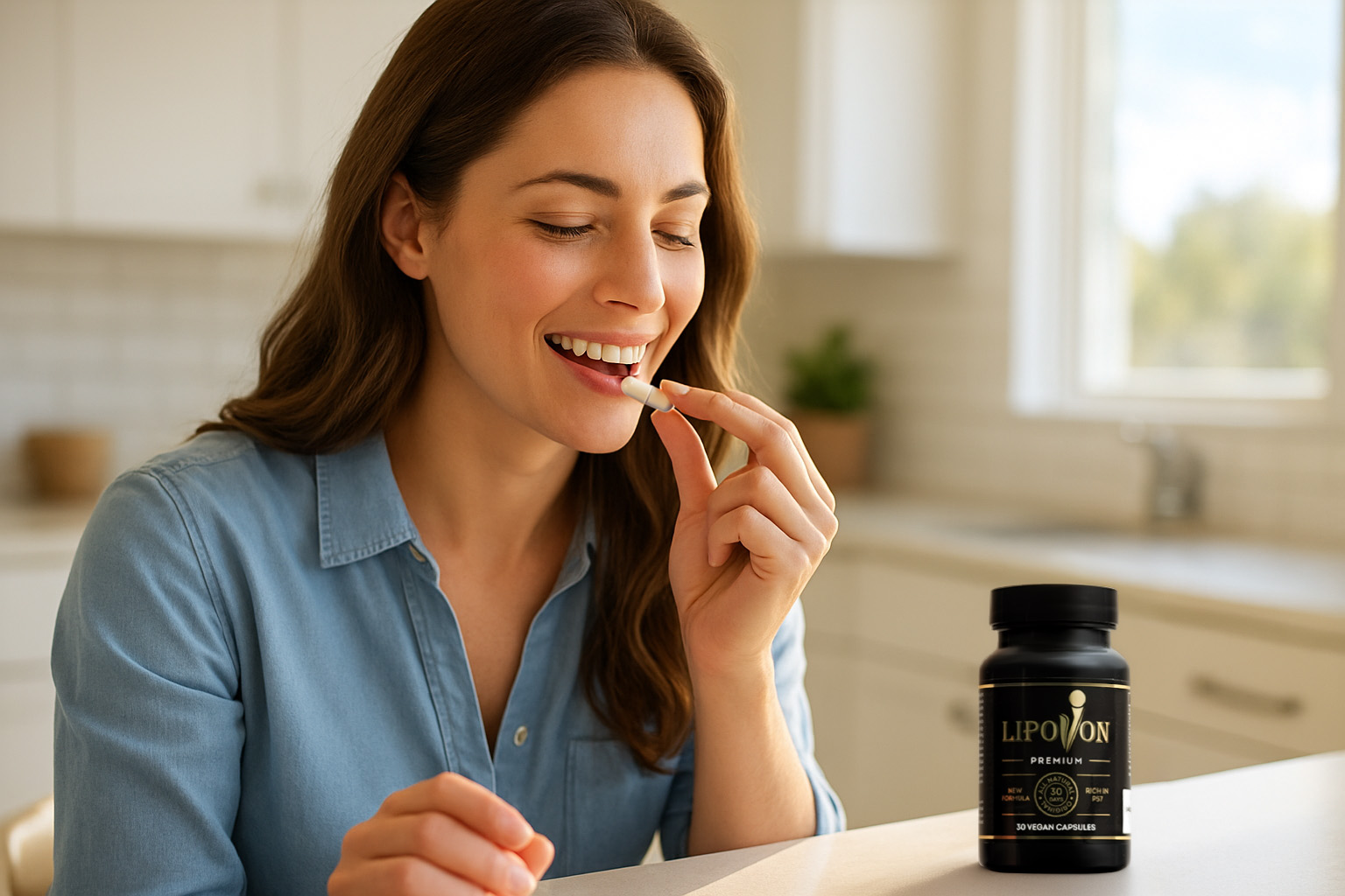 Femeie care bea Lipovon Premium dimineața